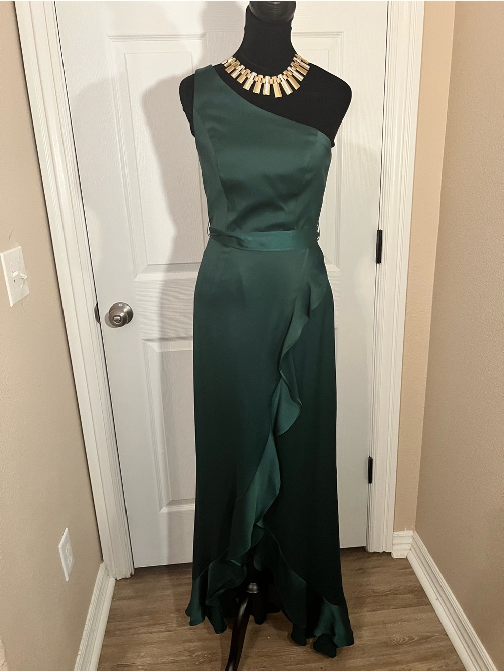 David's Bridal One-Shoulder Satin Gown in Emerald
